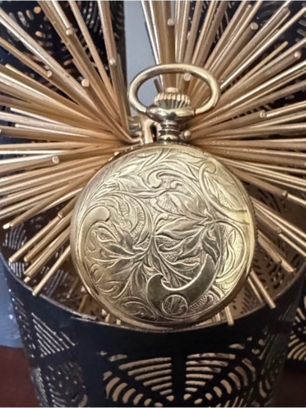 Caravelle by Bulova Pocket Watch Vintage Engraved Etching w/Chain Goldtone
